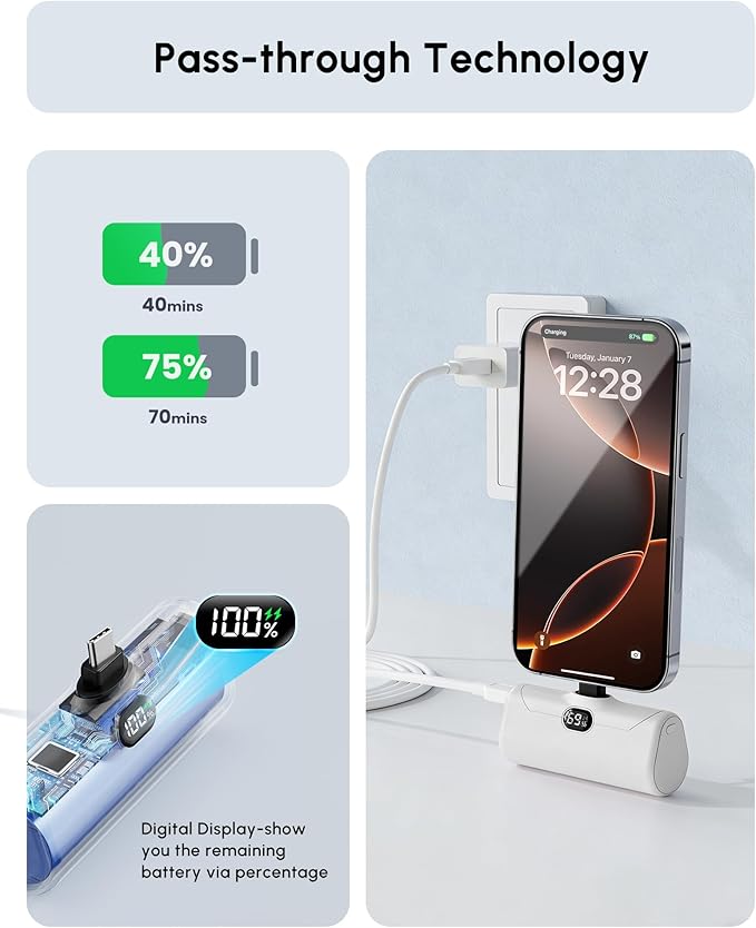 USB C Portable Phone Charger for iPhone 17 Pro Max, Mini Power Bank 5000mah with Digital Display & Duarable Kickstand for Type c Phones, Slim Backup Charger Battery for Samsung/Google-White