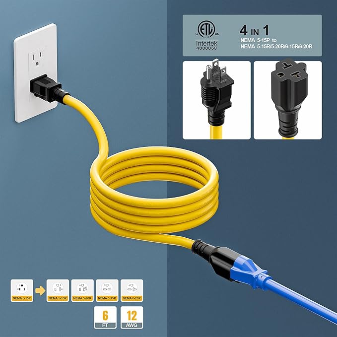 [6-Feet] NEMA 5-15P to 5-15R/ 5-20R/ 6-15R/ 6-20R AC Adapter, Plugrand 12AWG 15 Amp Household AC Plug to 20 Amp T Blade Adapter Cable, 15A 125V to 20A 250V Extension Cable, 6FT