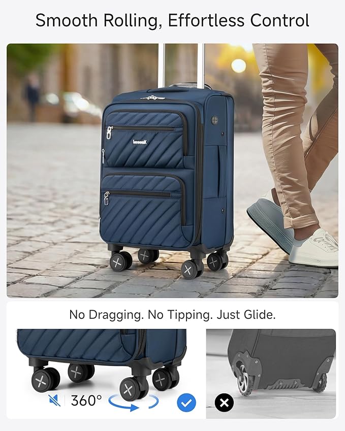 LUGGEX Carry On Luggage with Wheels, Expandable Soft Sided Rolling Suitcase with 8 Spinner Wheels & Aluminum Handle, Lightweight Travel Bag for Business Weekend Trip (UX-Core, Blue,20 Inch)