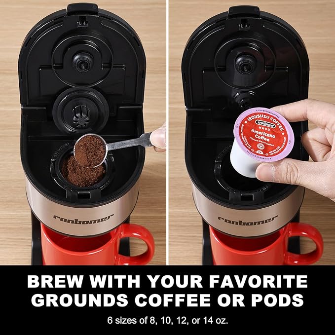 Ranbomer K Cup Coffee Maker, Single Serve coffee machine or Ground Coffee Machine 2 in 1, 6 to 14 Oz Brew Sizes, Mini One Cup Coffee Maker with Self cleaning Function, Fits Travel Mug Black