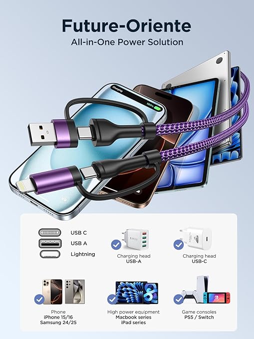 USB C to Lightning Cable, 60W 4 in 1 Fast Charging Cable Apple MFi Certified USB A to Lightning Cord Nylon 6ft USB C to USB C Charger Cord for iPhone 17 16 15 14 Pro/iPad/Samsung S25/MacBook/Switch 2
