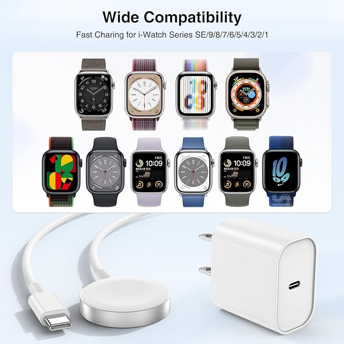 1Pack for Apple Watch Charger Cable, 3FT USB C to Magnetic Fast i-Watch Charging 20W, Compatible with Watch Series Ultra/9/8/7/6/SE/SE2/5/4/3/2 - White