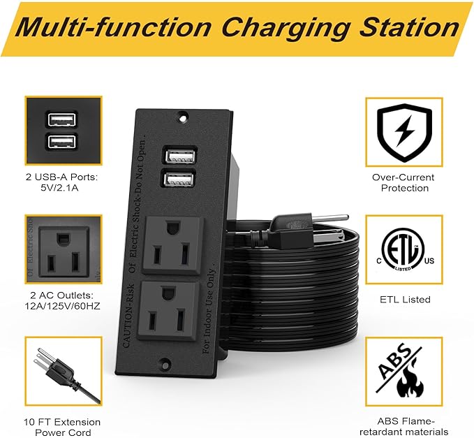 Kungfuking Desktop Power Grommet Conference Recessed Power Strip in Desk Outlet Power Socket 2-Socket &2-USB Ports 9.85 FT Extension Power Cord, ETL Listed