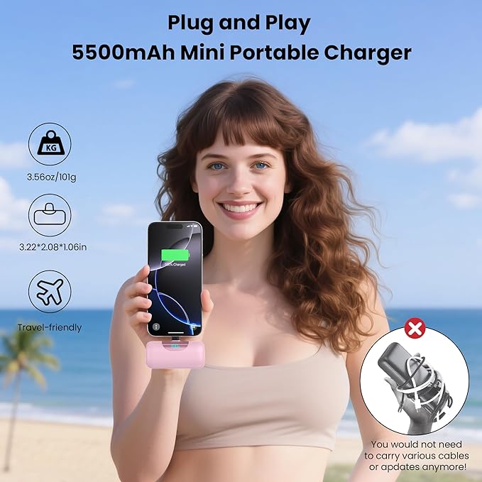 [2 Packs]Mini Portable Charger for iPhone 17, 5500mAh LCD Display USB C Power Bank,Fast Phone Charging Travel Pocket Size Battery Pack for iPhone 17/17 Pro/17 Pro Max/16/15 Series,Android(Navy+Pink)
