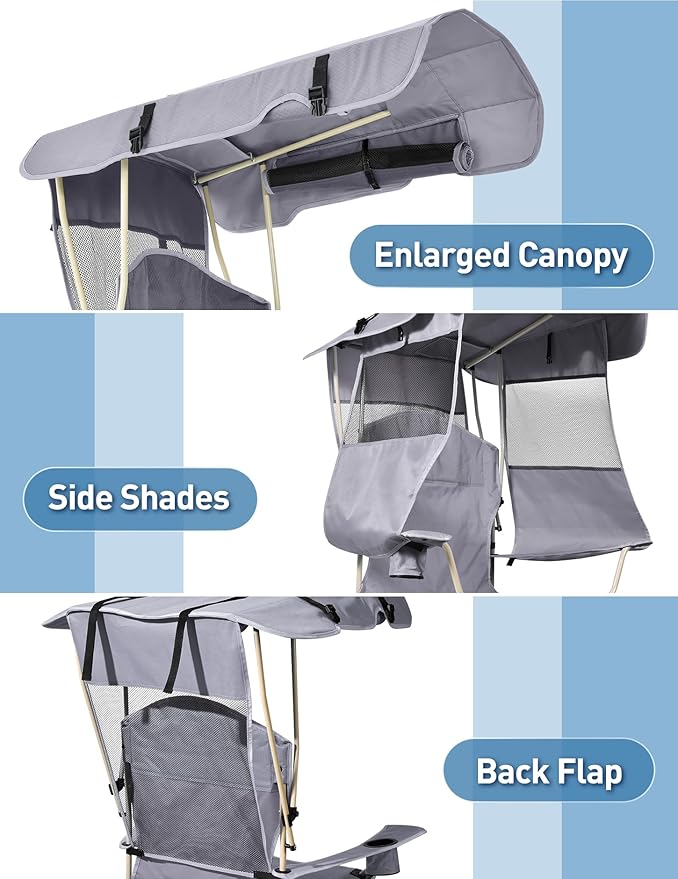 Docusvect Folding Camping Chair with Shade Canopy for Adults, Canopy Chair for Outdoors Sports with Cup Holder, Side Pocket for Camp, Beach, Tailgates, Fishing - Support 330 LBS