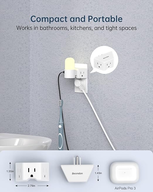 BEONDON 3-Pack Outlet Splitter, Small Outlet Extender, 3 Way Angled Wall Plug Extender, Cruise Ship Essentials, 3 Prong Grounded Plug Adapter for House, Hotel, Dorm, Hostel
