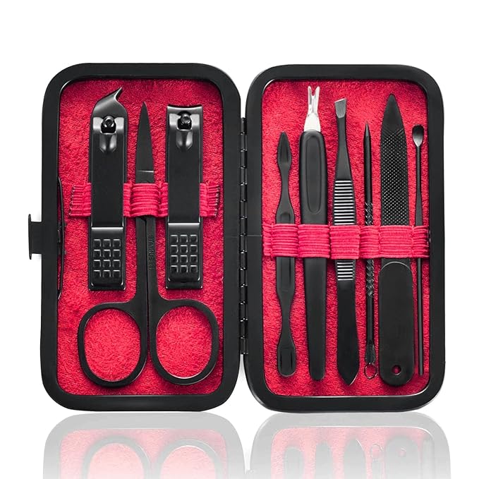 HANTEKAS Manicure Set 9 in 1 Stainless Steel, Nail Clippers Scissors Pedicure Tools Kit - Portable Travel Grooming Kit for Men and Women with Black/Red Leather Case (Red)