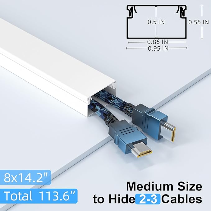 Delamu Cord Hider for Wall Mounted TV, 113.6in Paintable Cable Cover System, Self-Adhesive Cable Management Raceway Kit Hides 2-3 Wires, Baseboard Wire Hider Easy Installation, W 0.95 H 0.55in, White