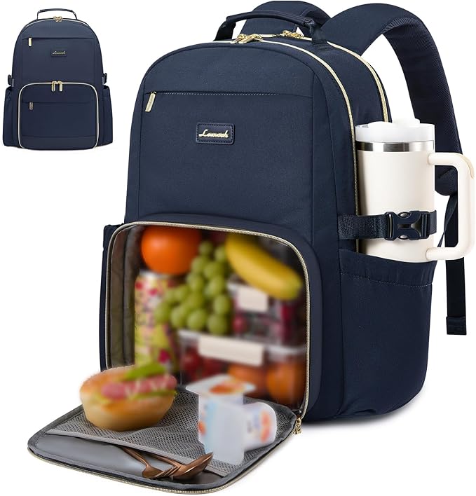 LOVEVOOK Lunch Backpack with Lunch Compartment,15.6 Inch Laptop Work Travel Insulated Cooler Backpack Purse, Waterproof College Teacher Lunch Bag Box with Tumbler Holder,Gifts for Men Women,Dark blue