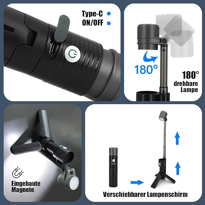 Telescopic Camping Light, Portable Rechargeable Camping Lantern, Outdoor Adventure Emergency Flashlight, Waterproof LED Camp Lamp with Magnetic (Black)