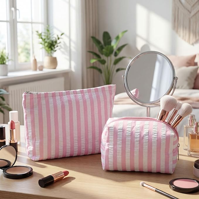 Huhumy 2 Pcs Makeup Bag Set Cute Cosmetic Pouch for Women Seersucker Travel Toiletry Bag Preppy Small Makeup Purse Pouch Aesthetic Skincare Brushes Storage Organizer for Valentine Women(Pink Wide)