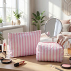 Huhumy 2 Pcs Makeup Bag Set Cute Cosmetic Pouch for Women Seersucker Travel Toiletry Bag Preppy Small Makeup Purse Pouch Aesthetic Skincare Brushes Storage Organizer for Valentine Women(Pink Wide)