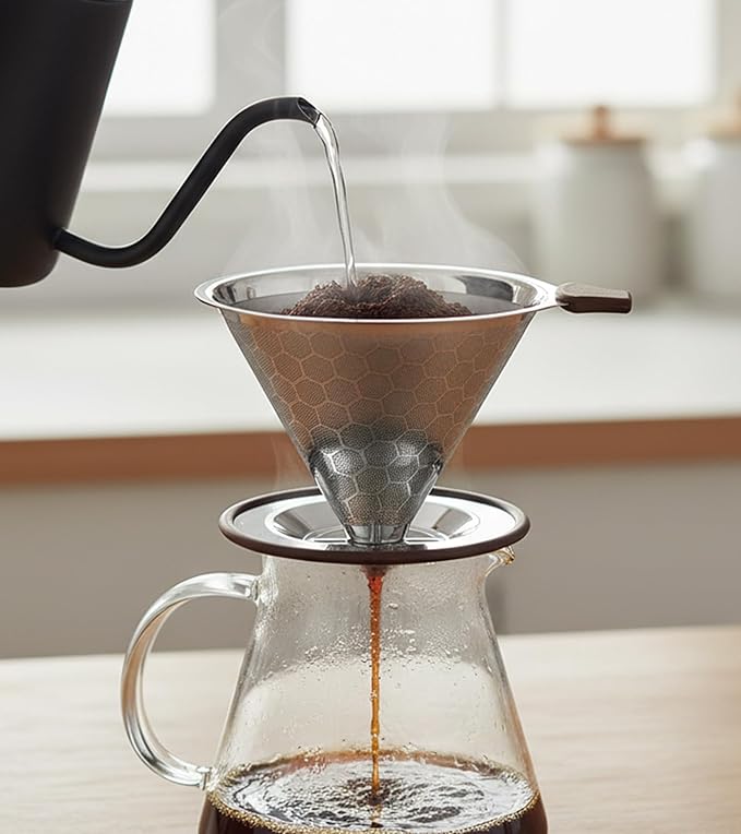 Pour Over Coffee Dripper - 304 Stainless Steel, Paperless & Reusable Dual-Layer Metal Coffee Filter with Base, 600 Mesh Steel Cone, for 1-4 Cups Brew Coffee Maker (Brown)