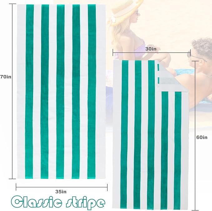 Exclusivo Mezcla 2 Pack Cotton Large 30x60 Inches Cabana Stripe Beach Towels, Super Absorbent Soft Plush Pool Bath Towel (Turquoise)