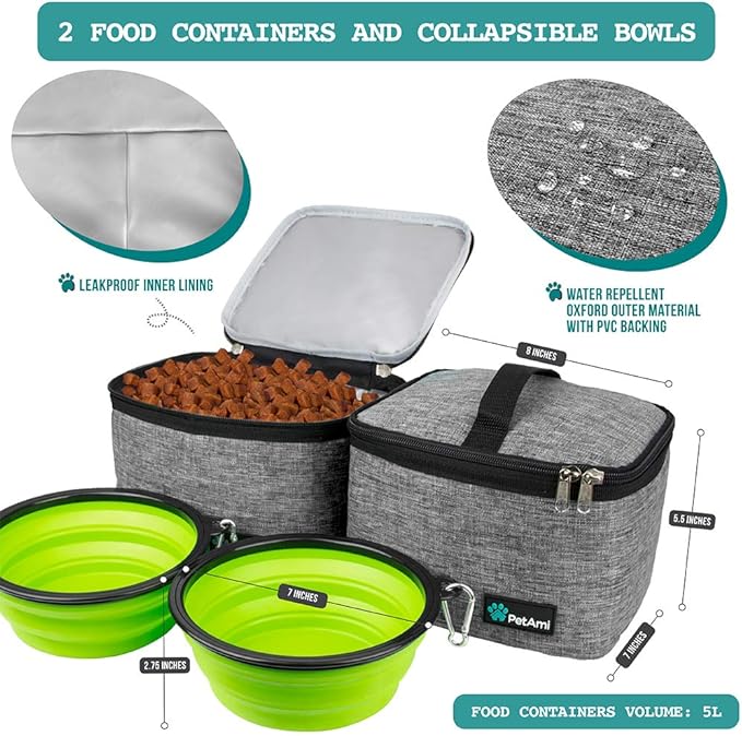 PetAmi Dog Travel Bag, Travel Pet Bag Organizer, Dog Food Travel Bag with Container Collapsible Bowls, Pet Travel Supplies Gift Accessories for Weekend Camping, Puppy Cat Diaper Bag, Gray Large