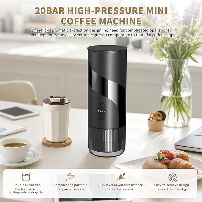 Portable Coffee Machine，Rechargeable Cafetière Portable de Voyage with USB-C, 20bar, Electric Coffee Maker for Camping & Travel, 3-in-1 Car Coffee Maker, Compatible with Coffee Grounds&Capsules