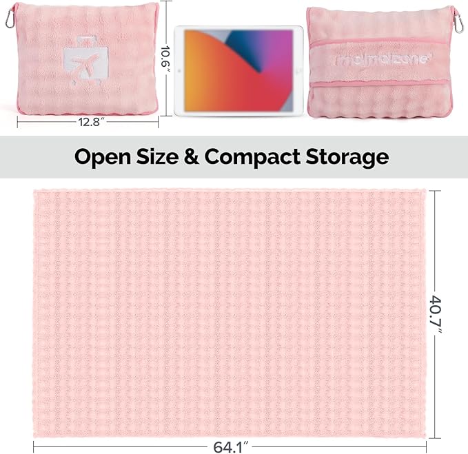Pink Travel Blanket for Airplane, Soft Lightweight Flannel Blanket, Compact & Portable with Storage Bag, Luggage Strap & Clip, Cozy Travel Essential for Flights, Road Trips & More,40.7" x 64.1"