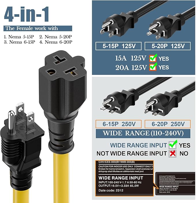 4 in1 NEMA 5-15P Extension Cord, Winxus 10FT NEMA 5-15P to 5-15R, 5-20R, 6-15R, 6-20R Adapter Cord, 15A to 20A AC Adapter Cable, 10FT 3 Prong Extension Cords