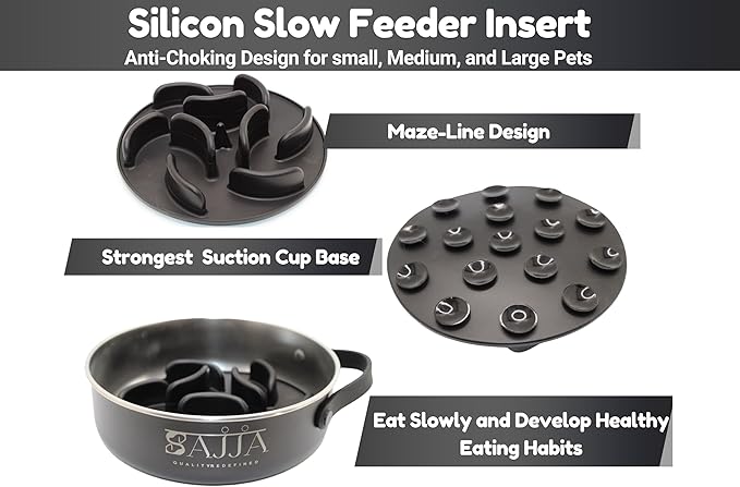 Black Slow Feeder Travel Dog Bowl Set | 30oz Stainless Steel + 20oz Collapsible Silicone Dish | Water Bottle Holder| Non-Slip, Anti-Choking, BPA-Free | We Give Back