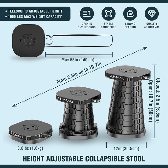 NUMANU 2026 Upgraded XXL Collapsible Stool & 3IN1 Cushioned Carry Bag, 2.6"-19.7" Height Adjustable, Max 1,000lbs Portable Retractable Telescoping Seat, Foldable Camping Stool for Adults (XXL Square)