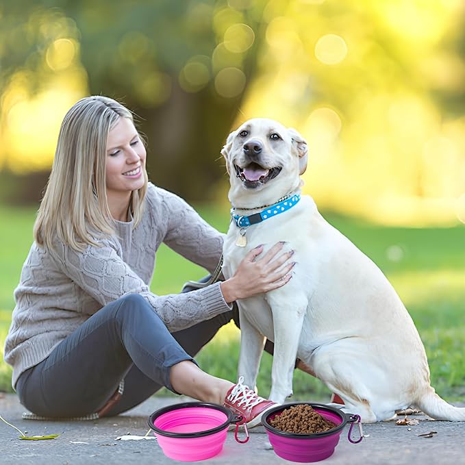 SLSON Dog Bowls Pet Collapsible Bowl with Cover Lids,2 Pack Dog Travel Bowls Portable Foldable Cat Water Dish Bowl for Pets Walking Parking Camping (Pink and Purple, Small)