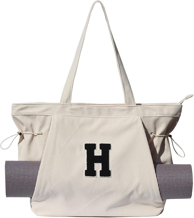 ESVAN Corduroy Yoga Tote Bag Gifts for Women Drawstring Yoga Mat Bag for Office Workout Travel Carryall Pilates Gym