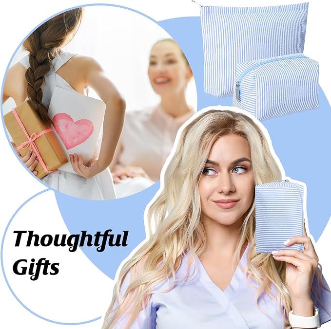 Huhumy 2 Pcs Makeup Bag Set Cute Cosmetic Pouch for Women Seersucker Travel Toiletry Bag Preppy Small Makeup Purse Pouch Aesthetic Skincare Brushes Storage Organizer for Valentine Women(Blue)