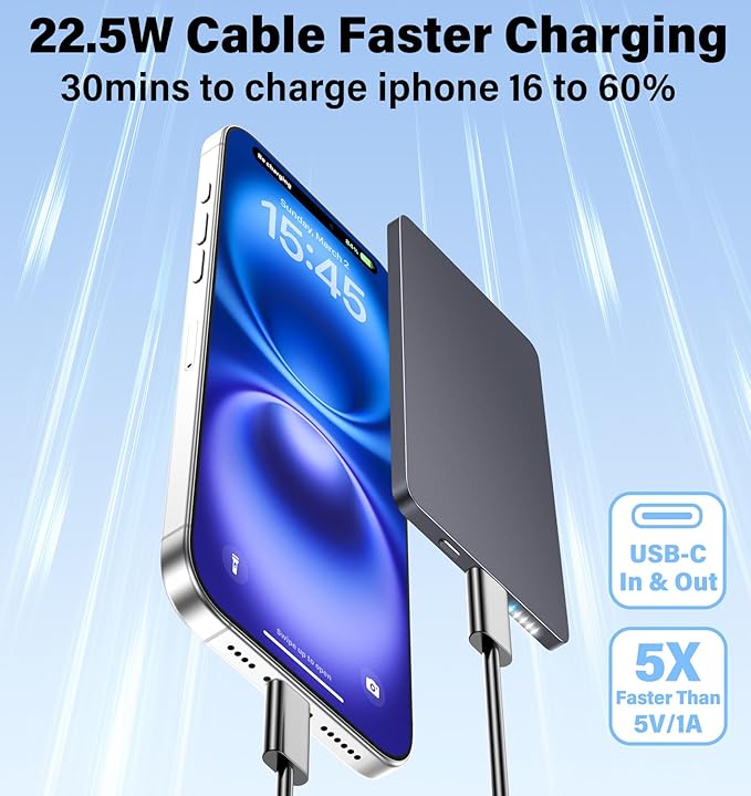 5000mAh for Magsafe Battery Pack Mini 22.5W Wireless Power Bank Fast Charging USB C in Out Power Pack, Magnetic Portable Charger Slim Powerbank for iPhone 17 16 15 14 13 Plus/ Pro/ Pro Max, Black