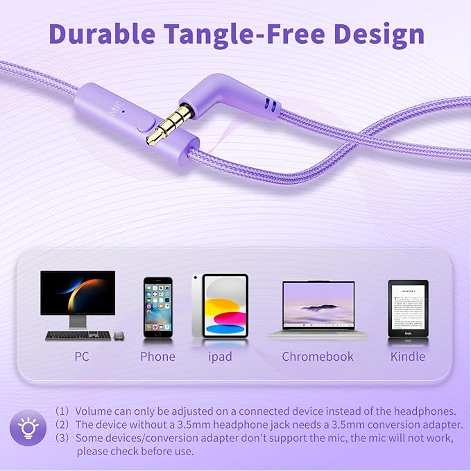 Botesty Sound Headphones Wired with Microphone, Over Ear Foldable 3.5mm Plug in Headphones with 4.9ft Tangle-Free Nylon Cord for Tablet, Laptop, MP3/4, School, Airplane Travel (Purple)