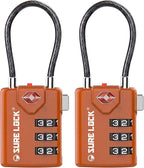 SURE LOCK TSA Approved Combination Luggage Locks with Open Alert Indicator – Durable Zinc Alloy Cable Travel Locks with Large Easy-Read Dials for Suitcases, Backpacks & Gym Bags
