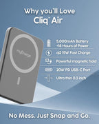 myCharge CliqAir 5000mAh Magnetic Power Bank – Ultra-Thin 0.3" Design | 15W Qi2 Fast Wireless Charging | 20W PD USB-C Port | Powerful Magnetic Hold | Perfect for Travel, Work, or Everyday Use | Grey