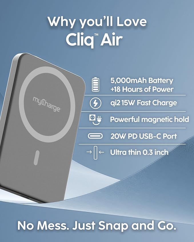 myCharge CliqAir 5000mAh Magnetic Power Bank – Ultra-Thin 0.3" Design | 15W Qi2 Fast Wireless Charging | 20W PD USB-C Port | Powerful Magnetic Hold | Perfect for Travel, Work, or Everyday Use | Grey