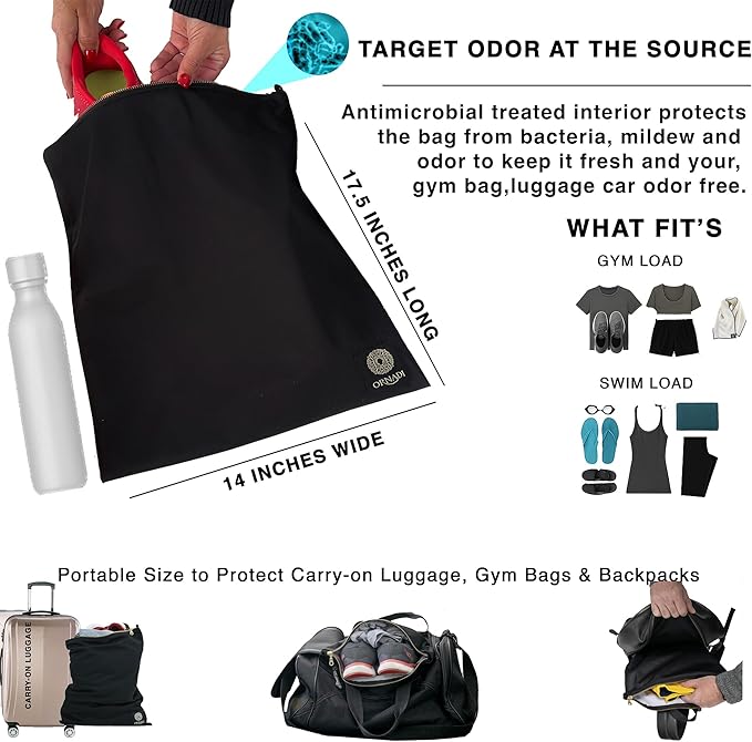 Ornadi Wet Gym Clothes Bag Waterproof Antimicrobial Sack Inhibits Bacteria & Odor from Dirty Laundry, Swimsuits, Sweaty Shoes for Smell Proof Travel 14 X 17.5 Made in USA