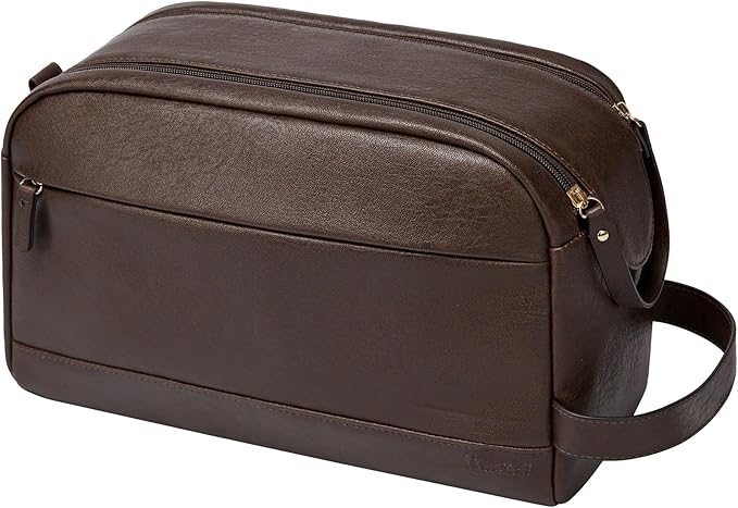 Large PU Leather Toiletry Bag for Men - Water Resistant Travel Bag for Toiletries, Bathroom Essentials, Accessories - Dark Brown