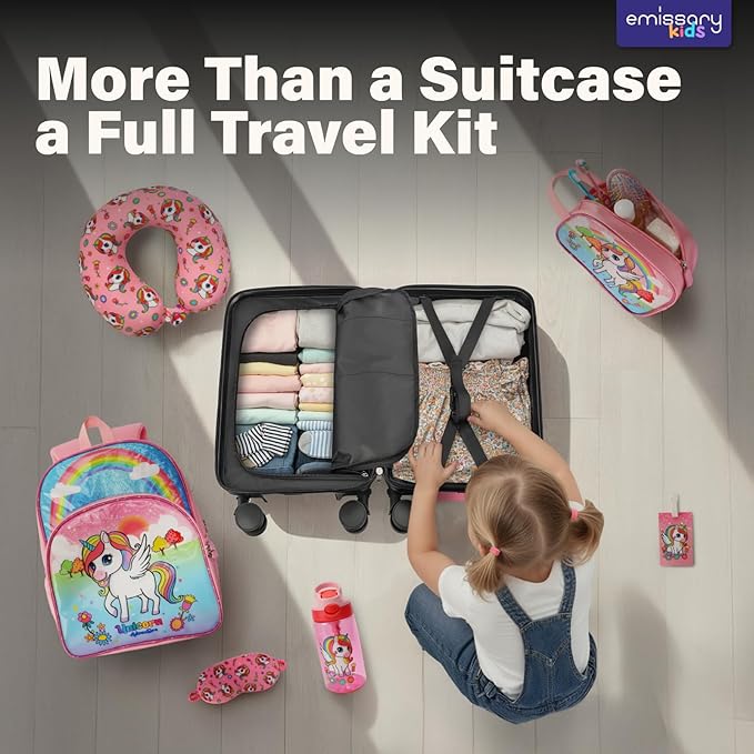 emissary 7pcs Unicorn Girl’s Luggage Set with wheels – Rolling Luggage, Backpack, Eye Mask, Toiletry Bag, Suitcase Tag, Neck Pillow & Water Bottle – Carry Luggage for Kids & Girls with Wheels
