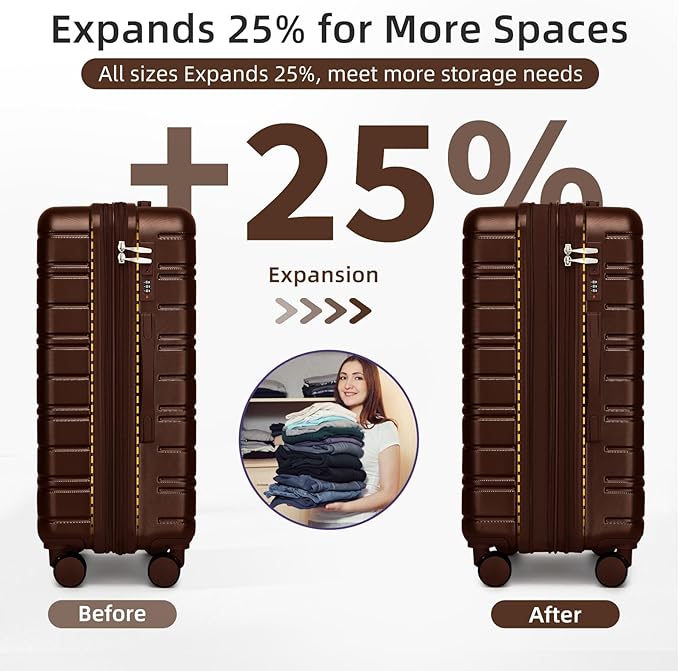 6 Piece Luggage Sets with Bags, Lightweight Expandable Checked Luggage Sets, Hardshell ABS Spinner Wheels Carry on Suitcase with TSA Lock, for Travel, Women Men (Mocha, 18/20/24/28inch+2bags)