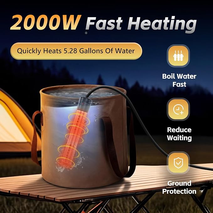 BSEED Portable Shower for Camping with Immersion Water Heater, 8000mAh Rechargeable Camping Shower with Large Capacity Foldable Bucket, Outdoor Shower for Hiking RV, Travel, Pet Bath, Car Washing