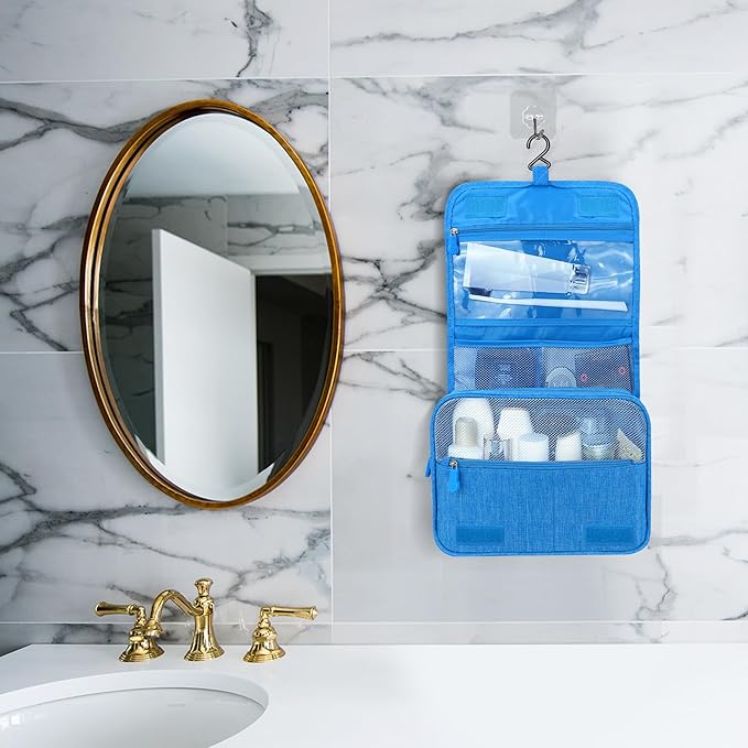 Lcsmaokin Large Capacity Toiletry Bag Travel Bag with Hanging Hook for Men and Women Waterproof Travel Cosmetic Bag Bathroom Storage Bag for Brushes Set, Full-Sized Shampoo, Toiletries, (Sky Blue)