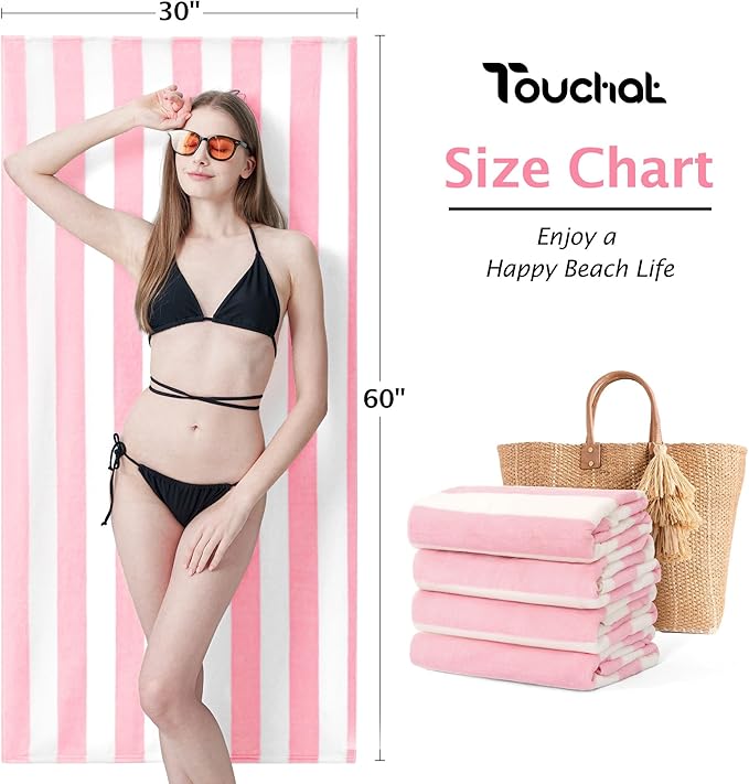 Touchat 4 Pack Cabana Stripe 250GSM Polyester Lightweight Quick-Dry Beach Towel & Blanket Combo- 30'' x 60'' Compact Travel Towel for Pool, Camping, Gym, Yoga | Ultra-Portable, Pink 2Pack + Blue 2Pack