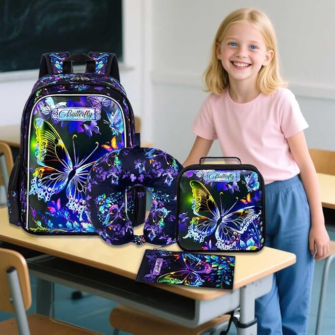 18" Kids Suitcase for Girls, 5Pcs Carry on Luggage With Wheels, Butterfly Suitcases for Toddler Children(Black)