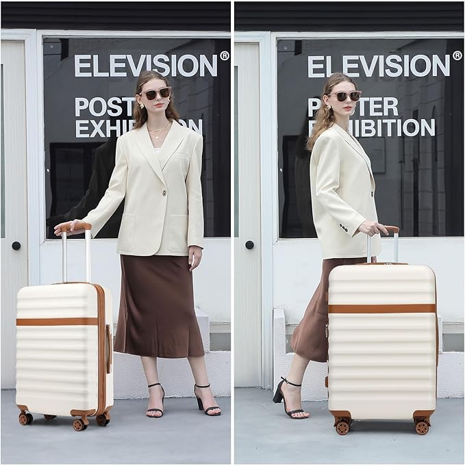 Kono Expandable 28 Inch Large Checked Luggage: ABS+PC Hardside Trolley Travel Case - Hard Shell Suitcase with TSA Lock, Cream - Brown