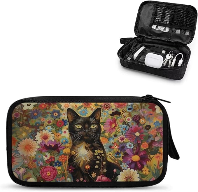 Black Cat Cable Organizer Bag Tech Pouch Portable Electronics Organizer Travel Case for Phone Power Bank SD Card Electronic Accessories Carry Case