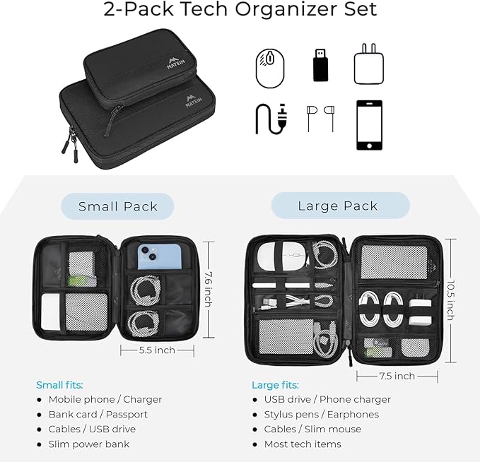 MATEIN Charger Organizer Travel Case 2 Pack, Cable Bag Organizer for Tech Accessories, Water Resistant Cord Case for Work, Sturdy Cable Pouch for Crods, Phone, Powerbank, Gifts for Men, Black