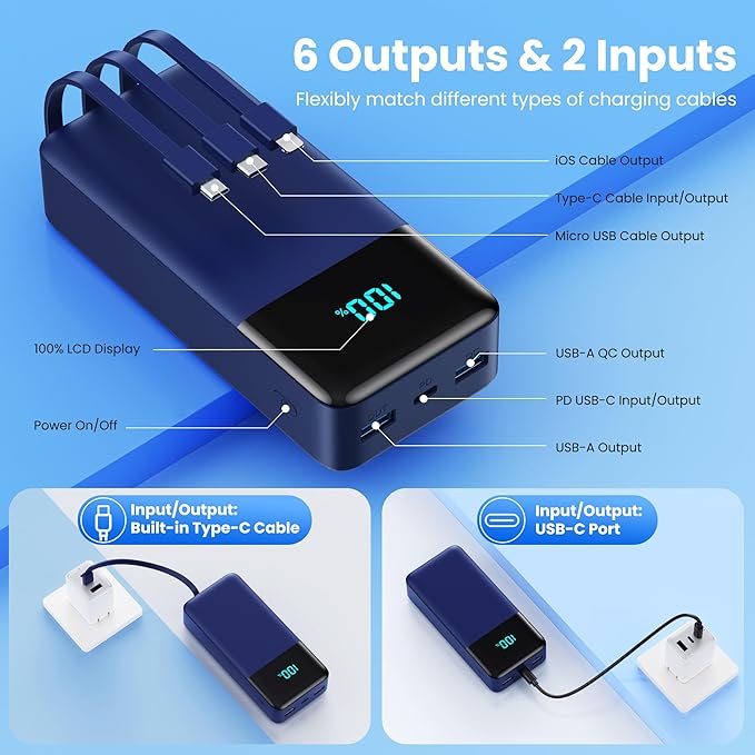 Portable Charger 50800mAh Power Bank with 3 Built in Cables,25W PD QC4.0 Fast Charging USB C Battery Pack,6 Outputs 2 Inputs Travel Essentials Phone Charger for iPhone 17/16/15,Google,Android,Blue