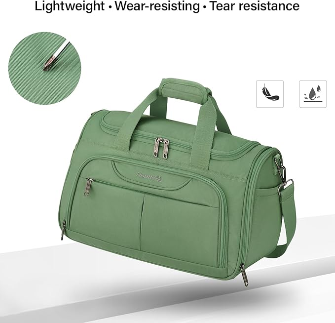 Hanke Small Travel Duffel Bag, Under Seat Carry On Personal Item Bag with 11 Pockets, Lightweight Water Resistant Foldable Weekender Bag with Trolley Sleeve for Travel Gym Daily Use（Forest Green）