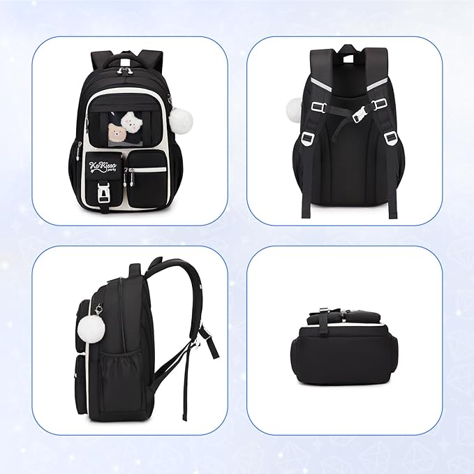 PIG PIG GIRL Kids Backpack for Girls - School Bags for Middle School Students - Book Bag for Elementary Primary - Kawaii Ita Backpack - Black and Beige