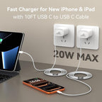 Phone 17 16 15 Charger Fast Charging,10 FT Long Braided USB C Charger Cord with 20W Type C Fast Phone Charging Block forPhone 17/17 Pro/17 Pro max/Air/Phone 16 15 Pro Max Plus, iPad,Android,Gray-White