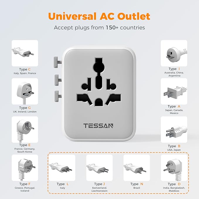 TESSAN Universal Travel Adapter, Power Adapter Worldwide with Extra 2 Prong AC Outlet, 4 USB Ports (2 USB C), International Plug Adaptor for US to Europe Italy UK Australia Ireland (Type C G A I)
