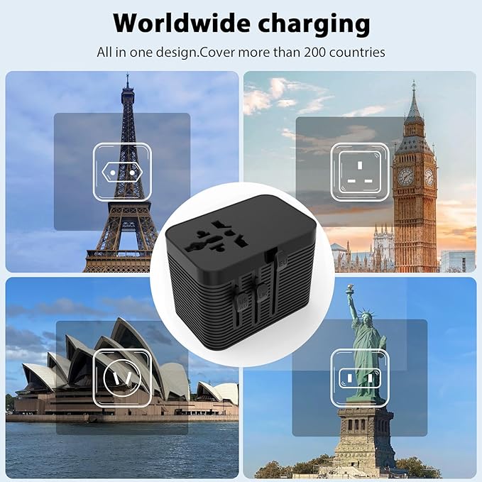 Universal Travel Adapter, European Travel Plug Adapter 5-in-1 PD Fast Charging with Surge Protection & Fuse, International Power Adapter for US EU UK AU - White