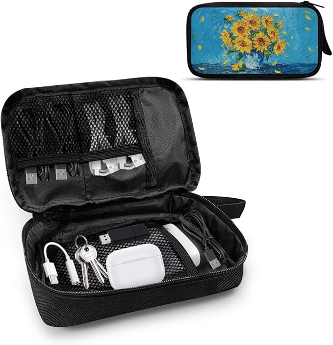 Artistic Sunflowers Electronic Organizer Cable Organizer Bag Travel Bag Cable Organizer Pouch Electronic Accessories Carry Case for SD Card Charger Phone Earphone Tech Pouch